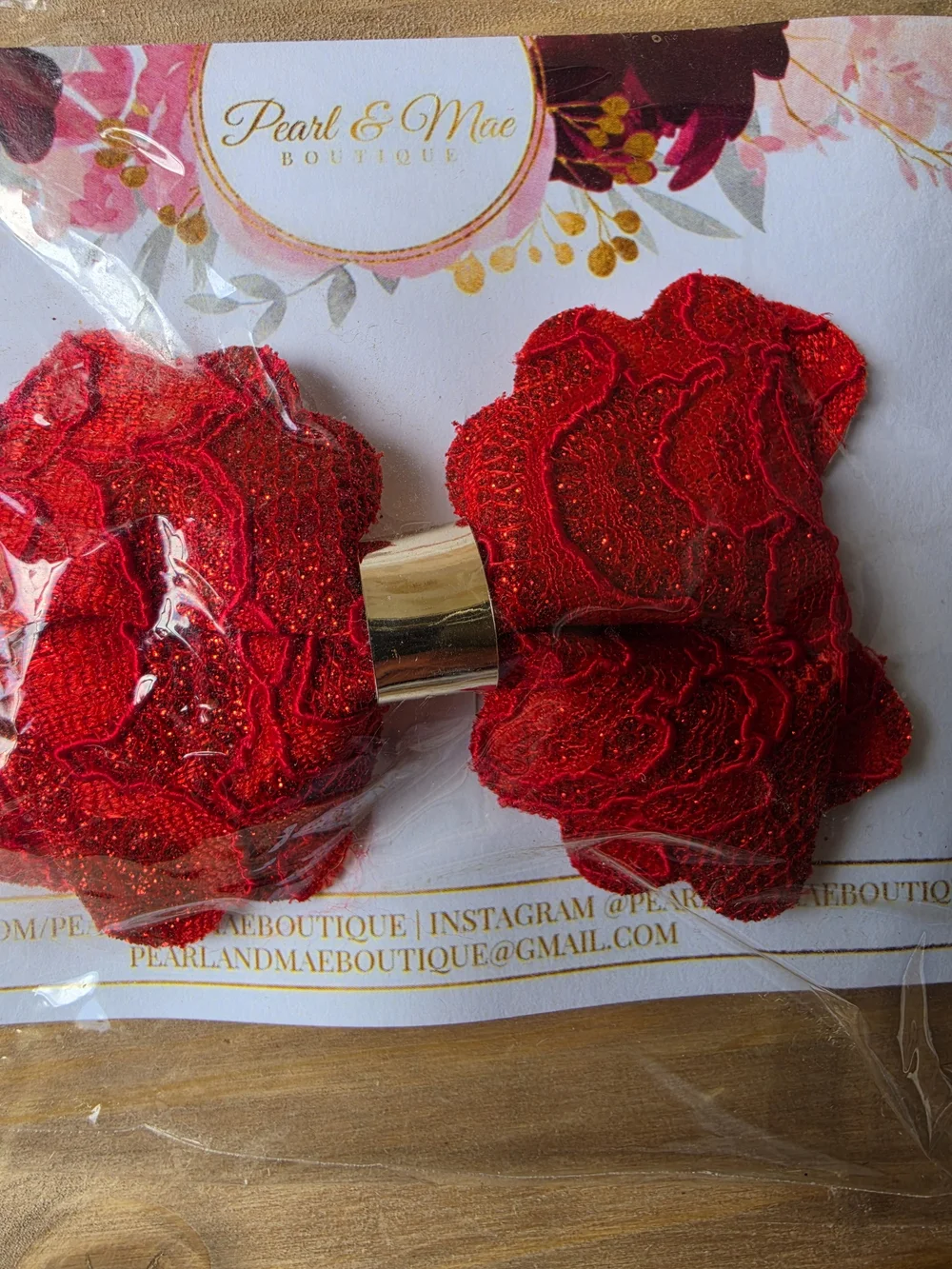 Red Lace Bow Hair Clip with Metal Accent
